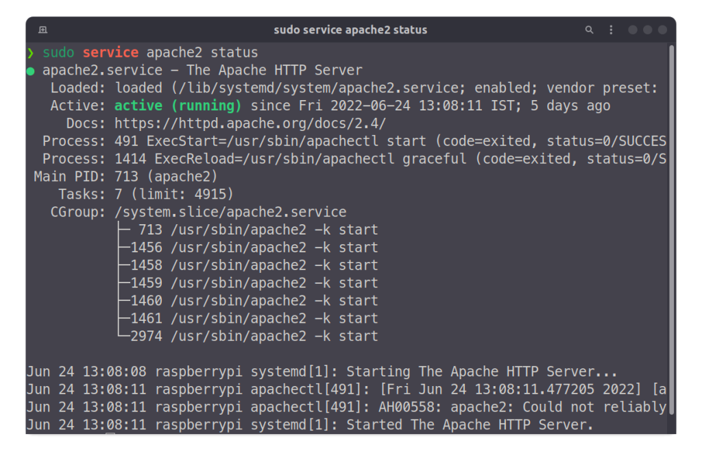 check apache2 service  status linux