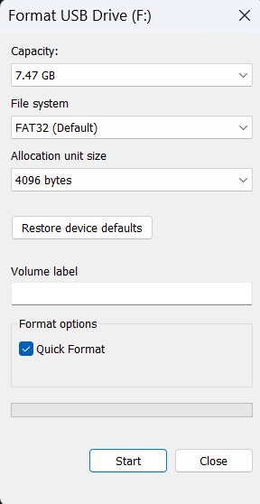 format USB for flashing OS