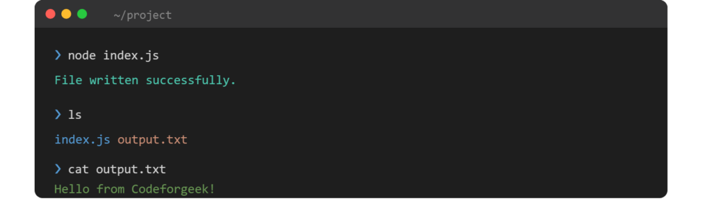 fs.writeFile Node.js output — file written successfully, output.txt created in directory