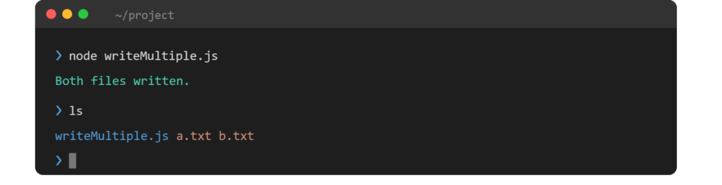 Node.js Promise.all fs.writeFile output — Both files written with a.txt and b.txt in listing