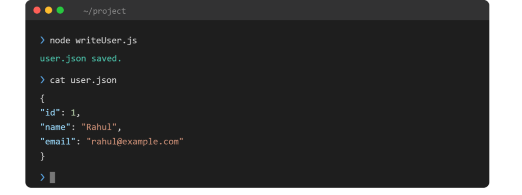 fs.writeFile Node.js JSON output — user.json saved with pretty-printed id name email object