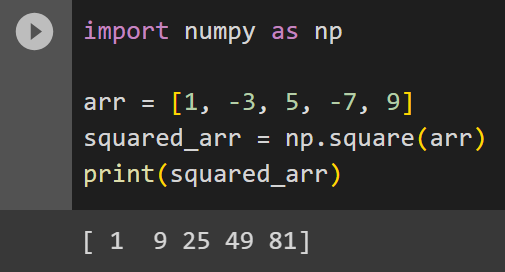 Using numpy.square() on an array arr