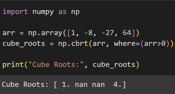 Using the where parameter to find the cube root of specific elements in array