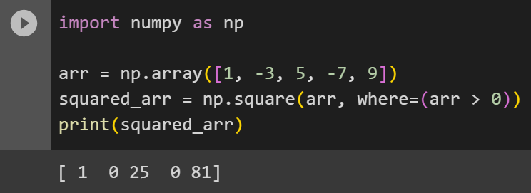 Using the where parameter to square specific elements in array