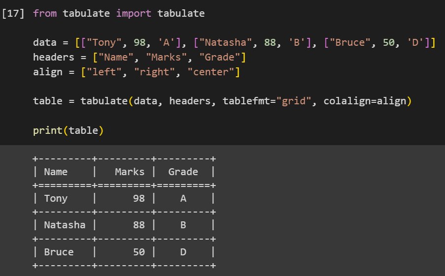 Changing column alignment using colalign parameter