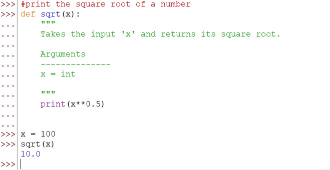 Docstrings describing a user-defined square root function