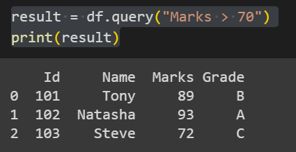 Query To Select Marks Greater Than 70 From DataFrame