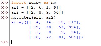 Outer Product Calculated for One-Dimensional Arrays