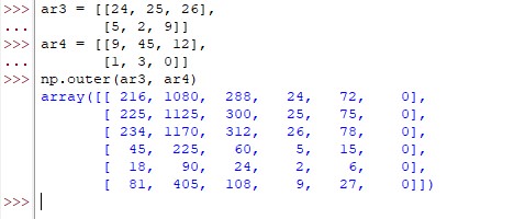 Outer Product Calculated for Two-Dimensional Arrays