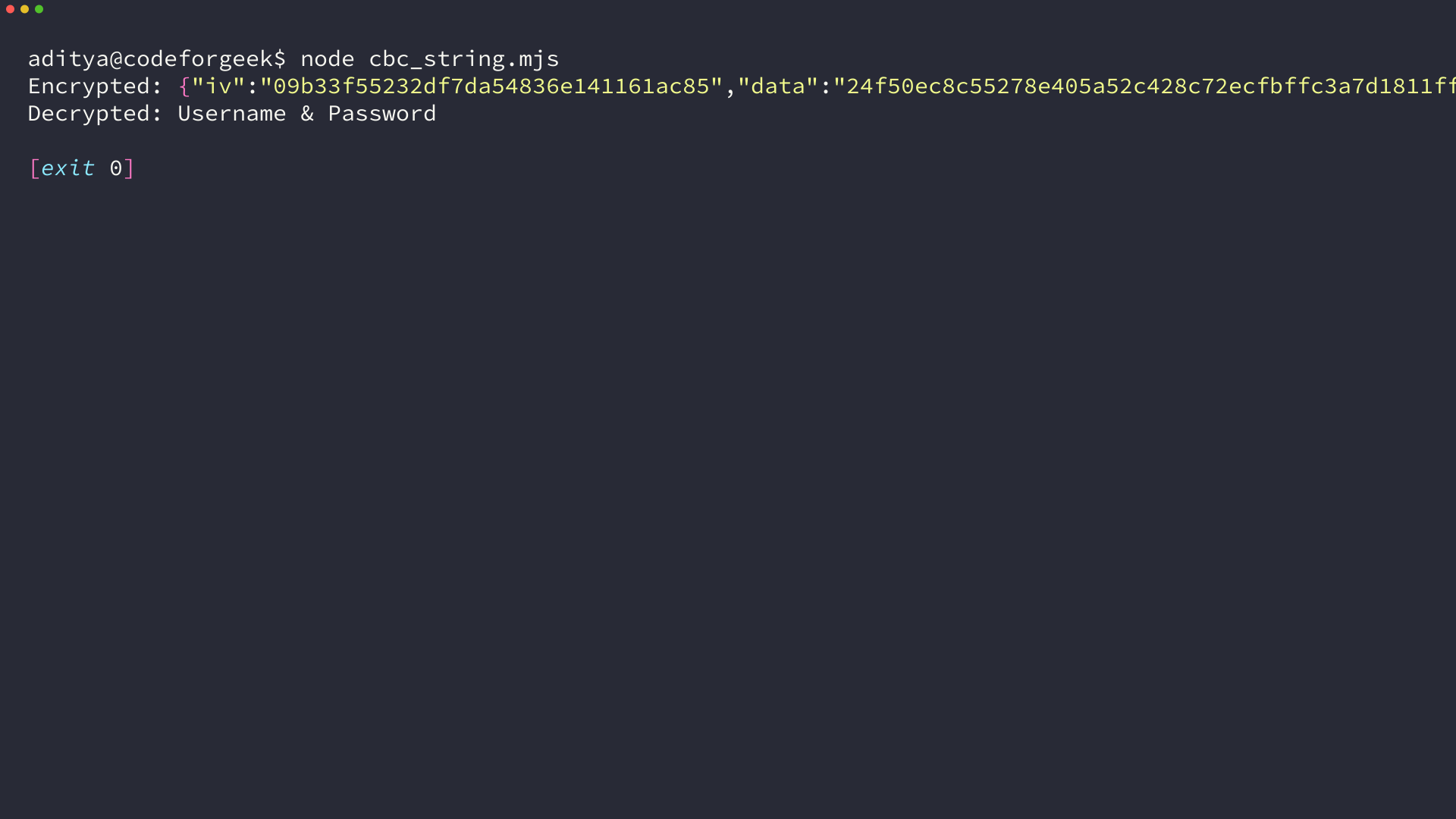 Terminal showing node cbc_string.mjs encrypting a string to hex and decrypting it back