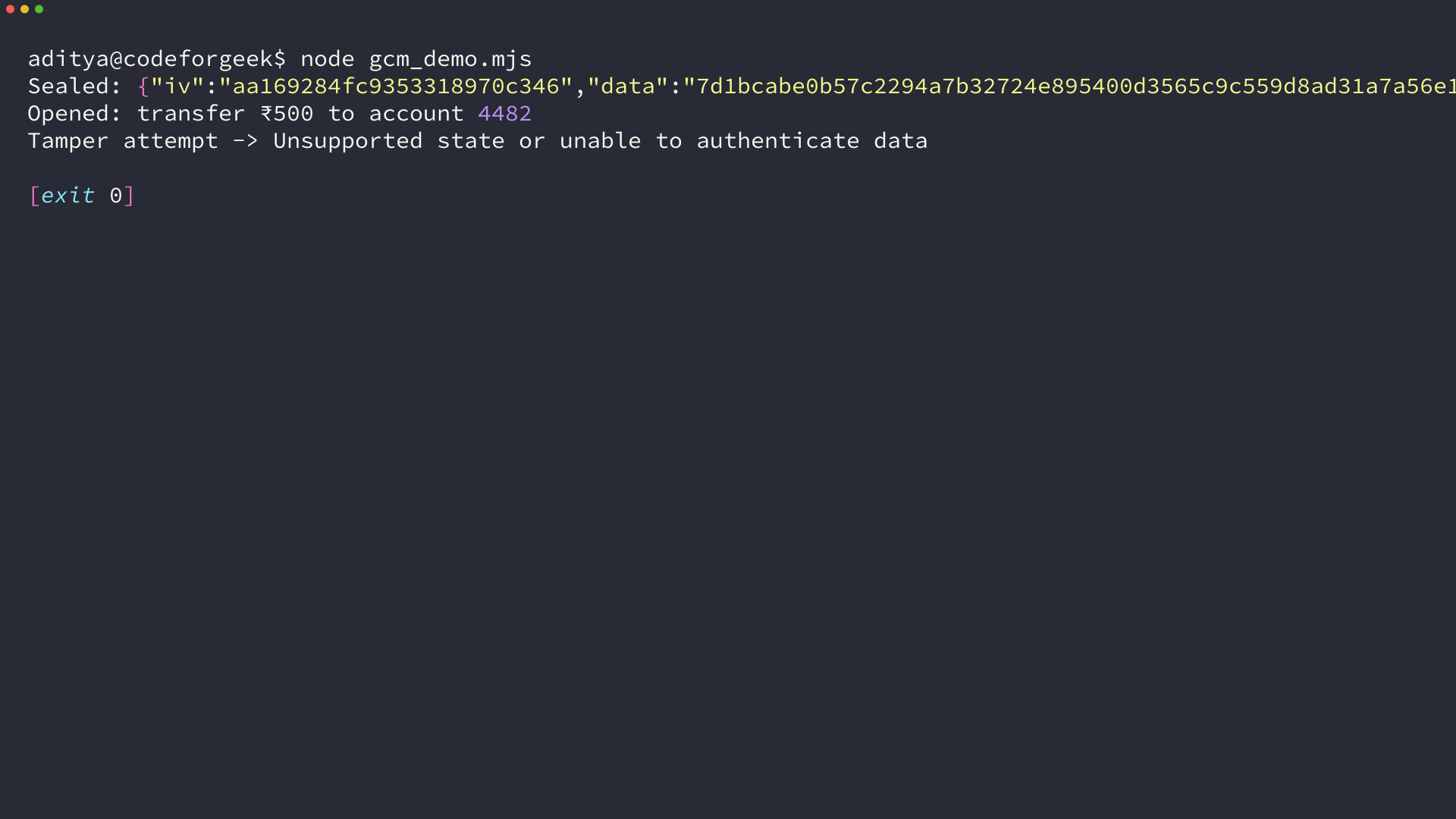 Terminal showing node gcm_demo.mjs rejecting tampered ciphertext