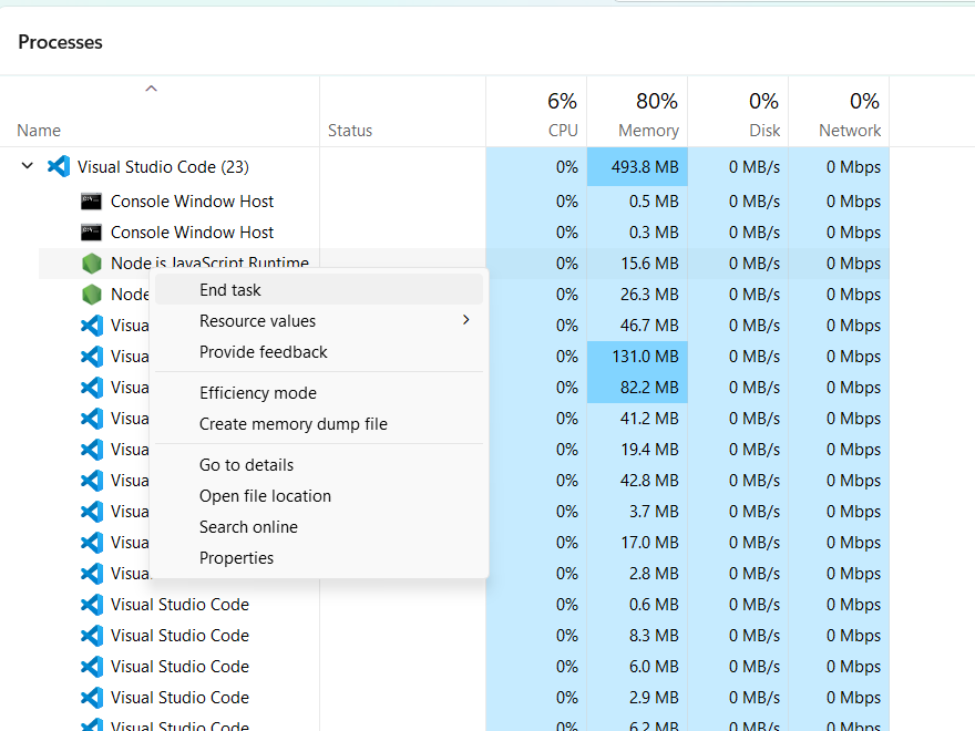 Image of Task Manager to kill all Node.js process