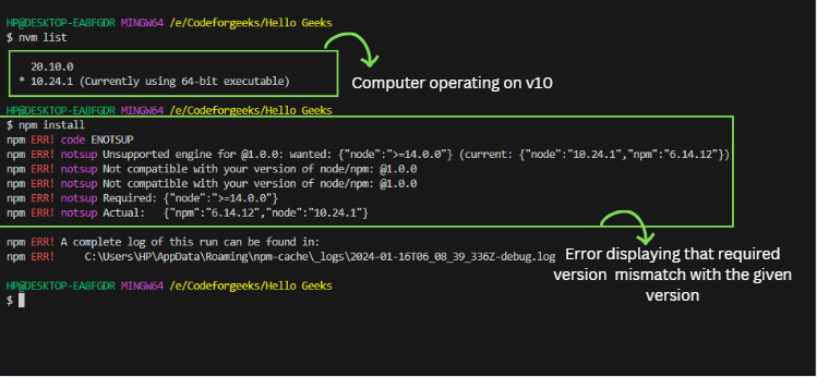 Version mismatch error prove for node version defined