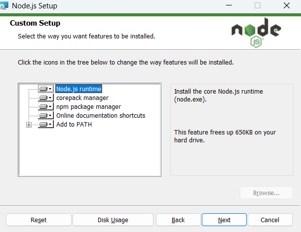 Node.js setup wizard step 4