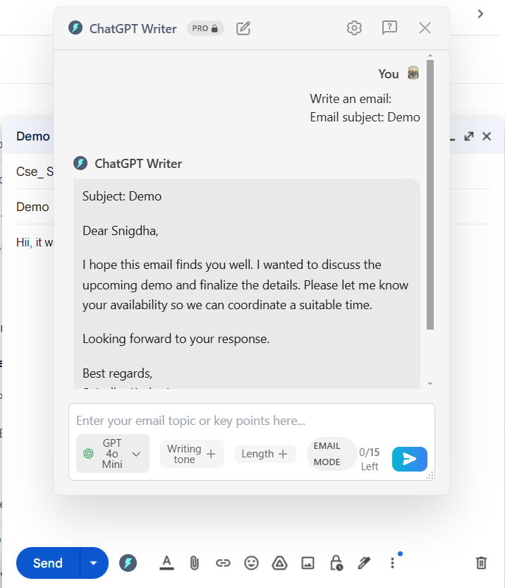 ChatGPT Writer writing email