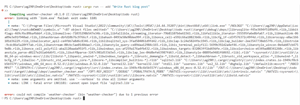 rusqlite Linking Error on Windows