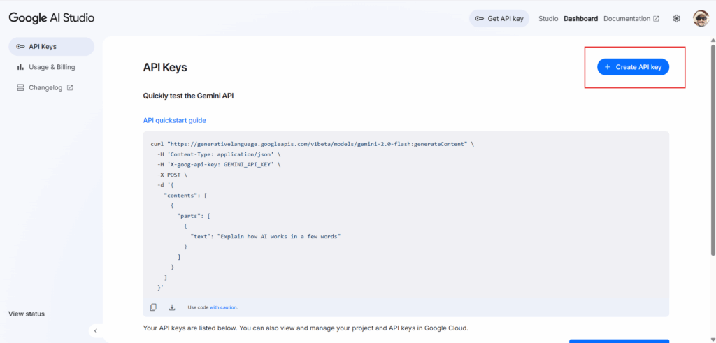 Create API Key button