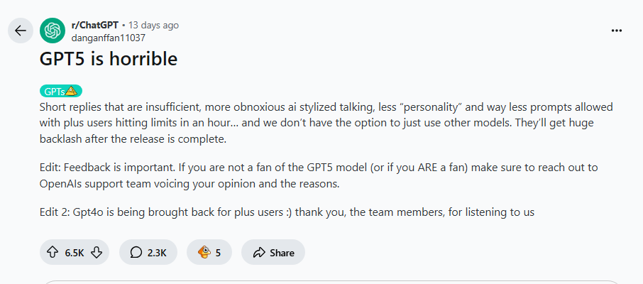 Reddit thread titled GPT-5 is horrible