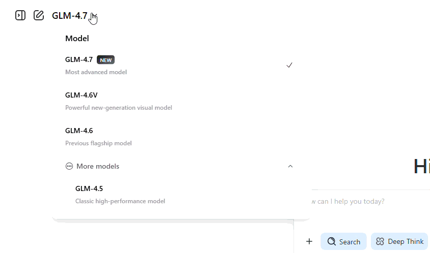 Z.ai allows users to switch between older and newer models