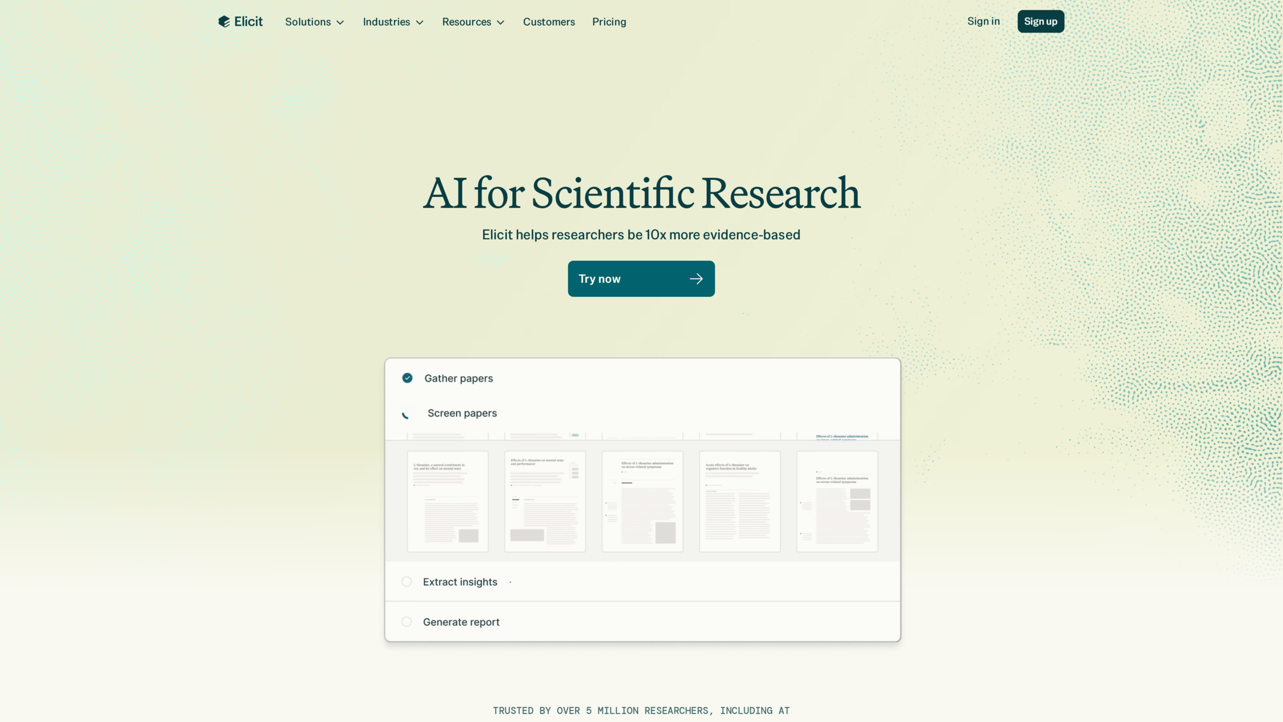 Elicit AI homepage showing the workflow chooser and search entry point