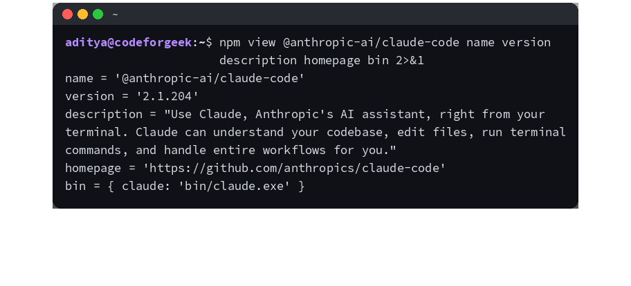 npm view output for @anthropic-ai/claude-code: package name, version, description, homepage, and binary entry
