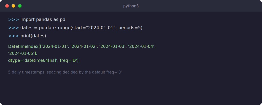 Pandas date_range periods example output terminal