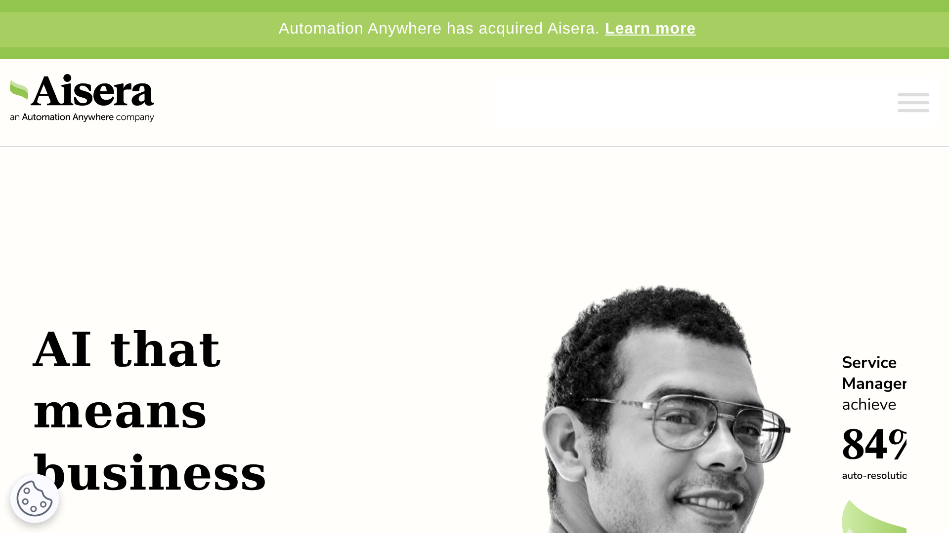 Aisera official homepage showing the Automation Anywhere ownership notice