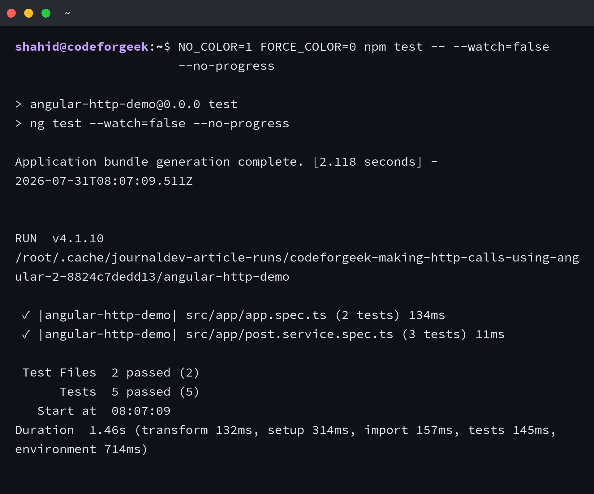 Angular HttpClient test suite passing five tests in the terminal