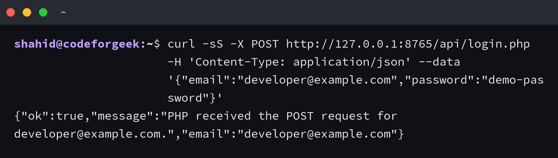 Terminal showing a PHP JSON response to Angular POST data