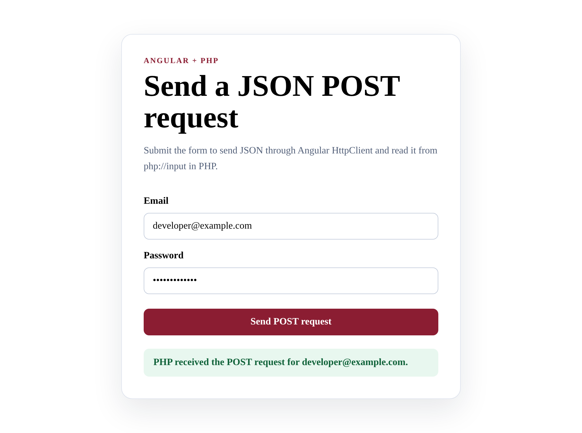 Angular form showing a successful JSON POST response from PHP