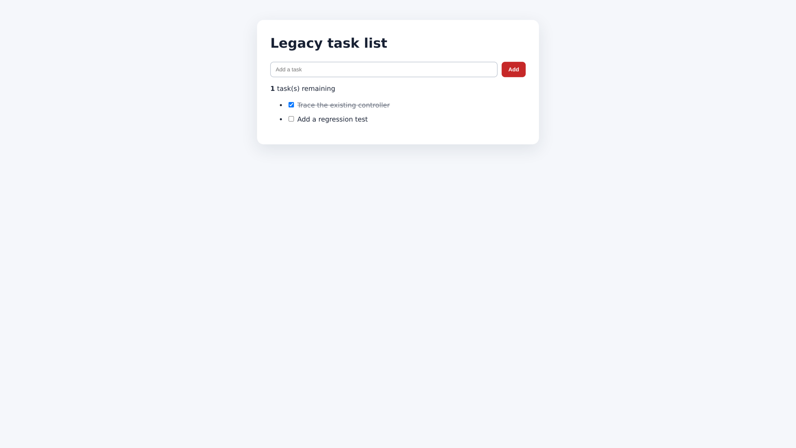 AngularJS task list with a new-task field, remaining count, and two bound task rows