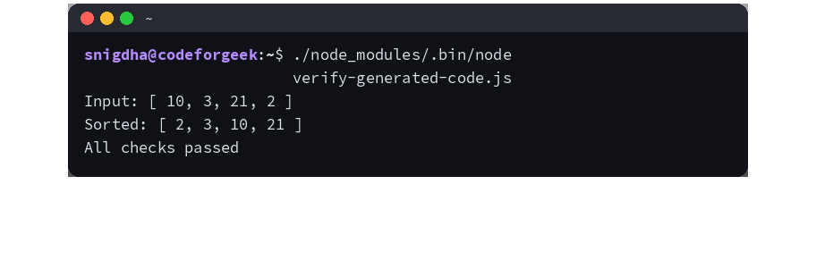 Terminal output verifying a JavaScript numeric sort with Node.js