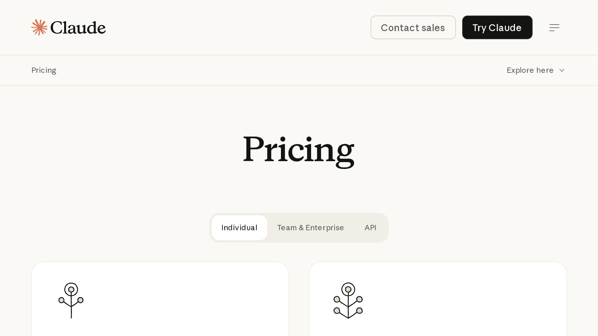 Claude pricing page with Individual, Team and Enterprise, and API tabs