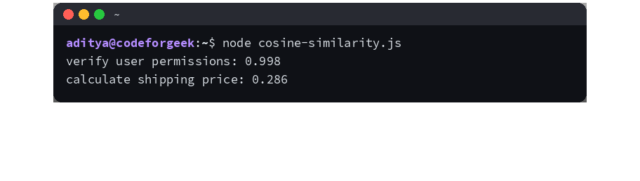 Node.js output comparing cosine similarity scores for two code vectors