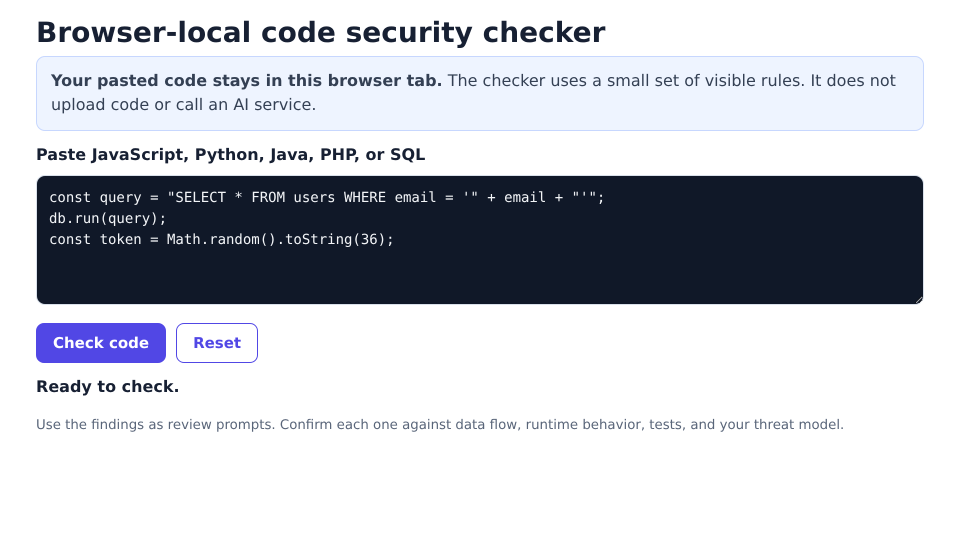 Browser-local code security checker with a sample SQL query and Check code button