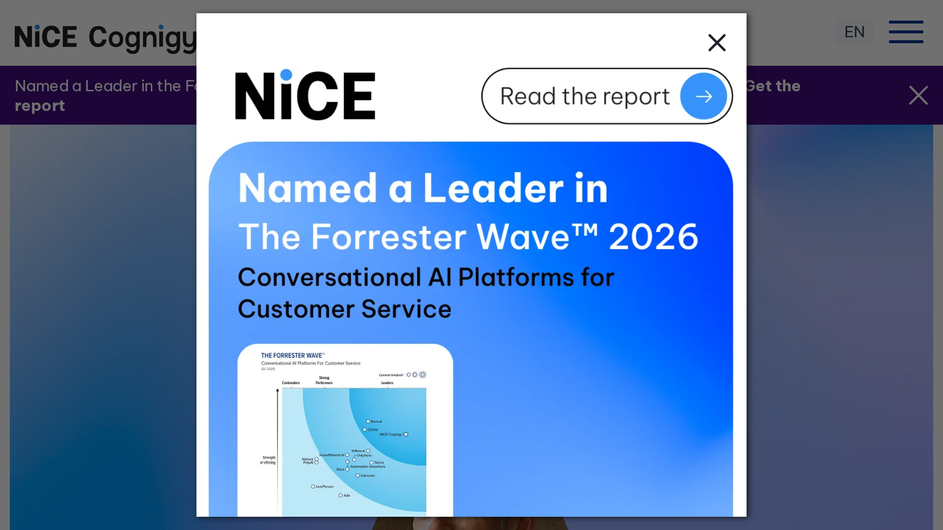 NiCE Cognigy official homepage showing its 2026 Forrester Wave recognition