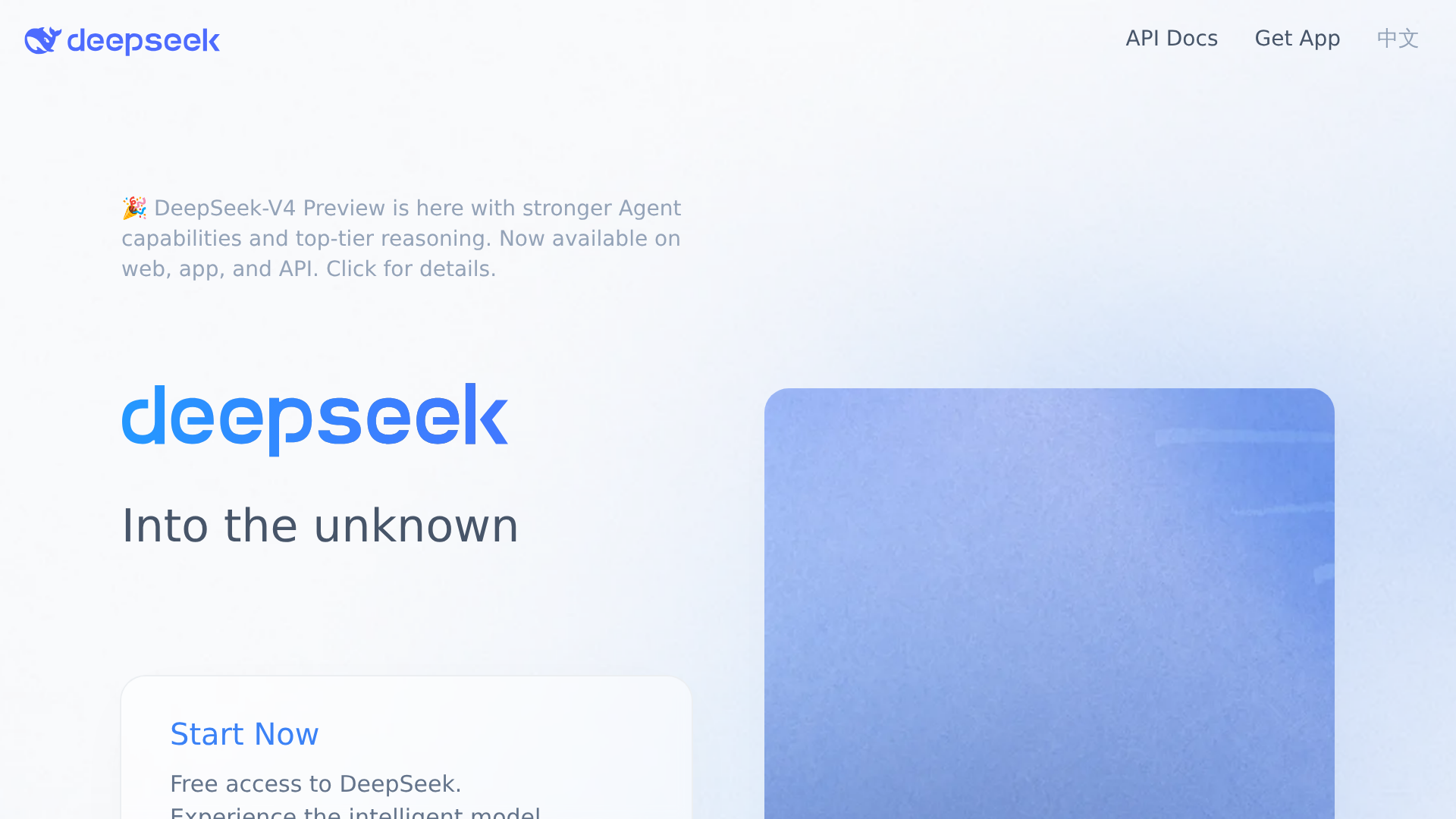 DeepSeek official homepage showing free chat access and DeepSeek V4 Preview