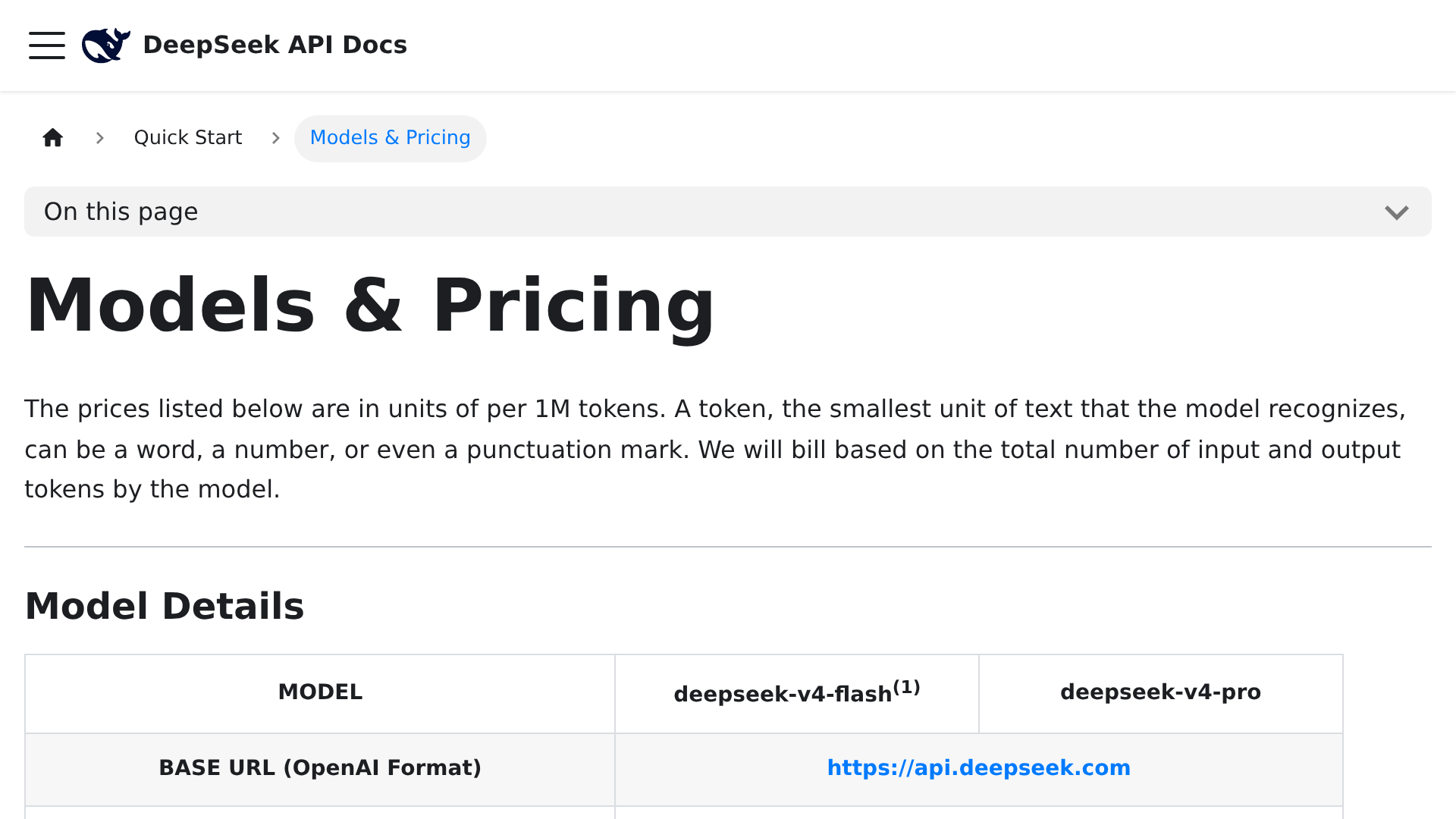 DeepSeek API pricing page showing V4 Flash and V4 Pro models