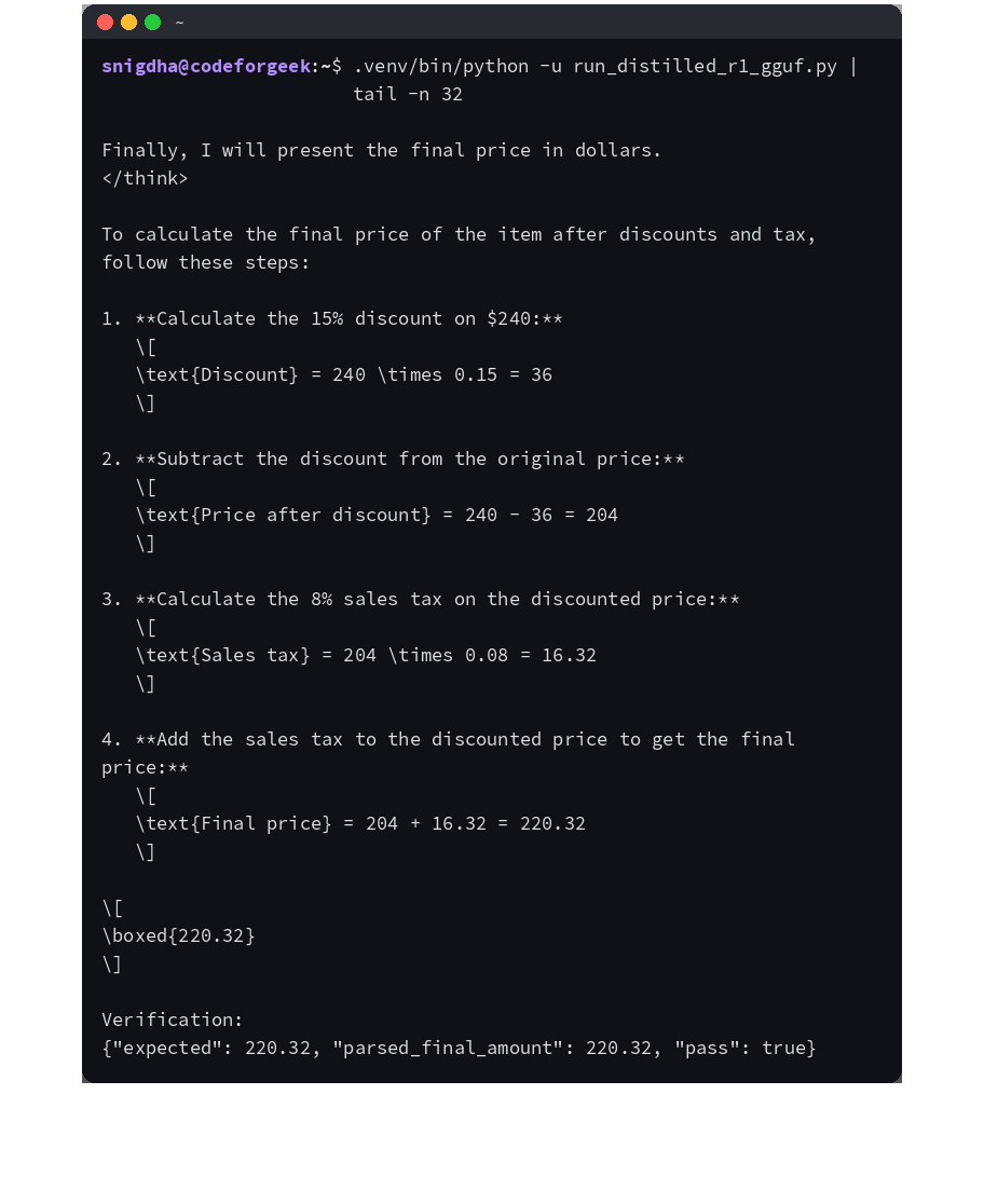 DeepSeek R1 distilled model output verified on the CodeForGeek server