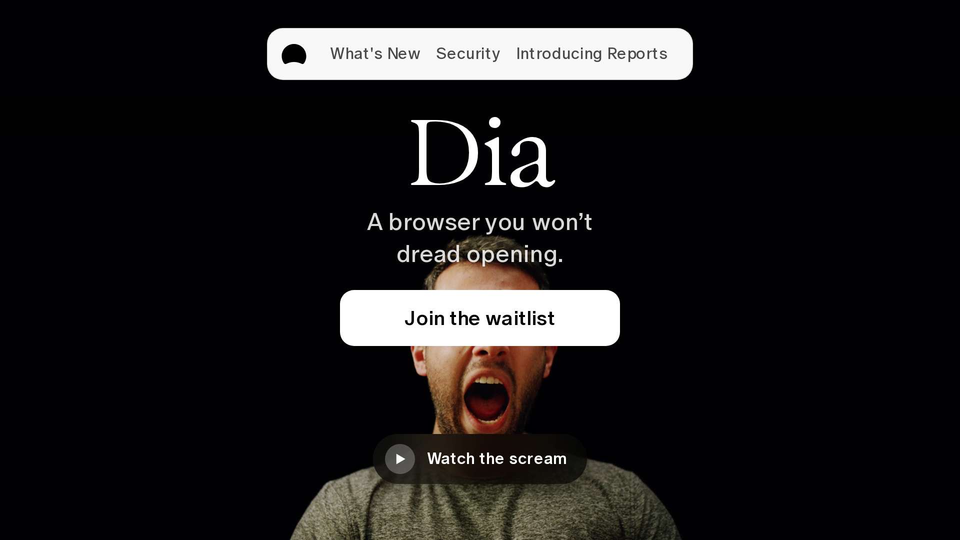 Dia browser homepage showing its work-focused AI browser and waitlist