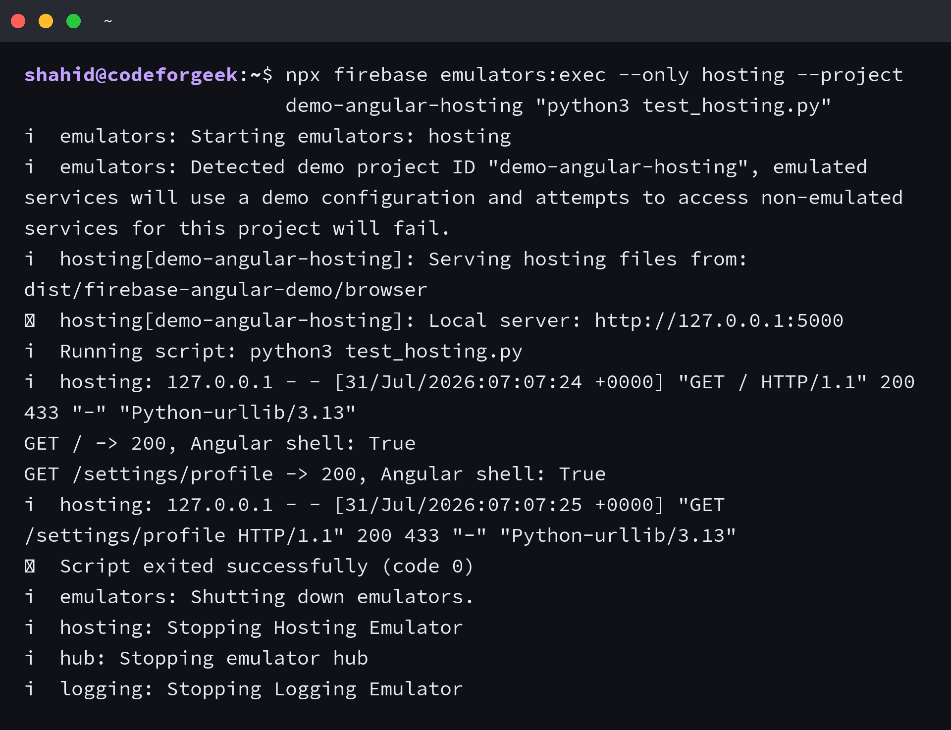 Firebase Hosting emulator serves an Angular app and a deep route with HTTP 200