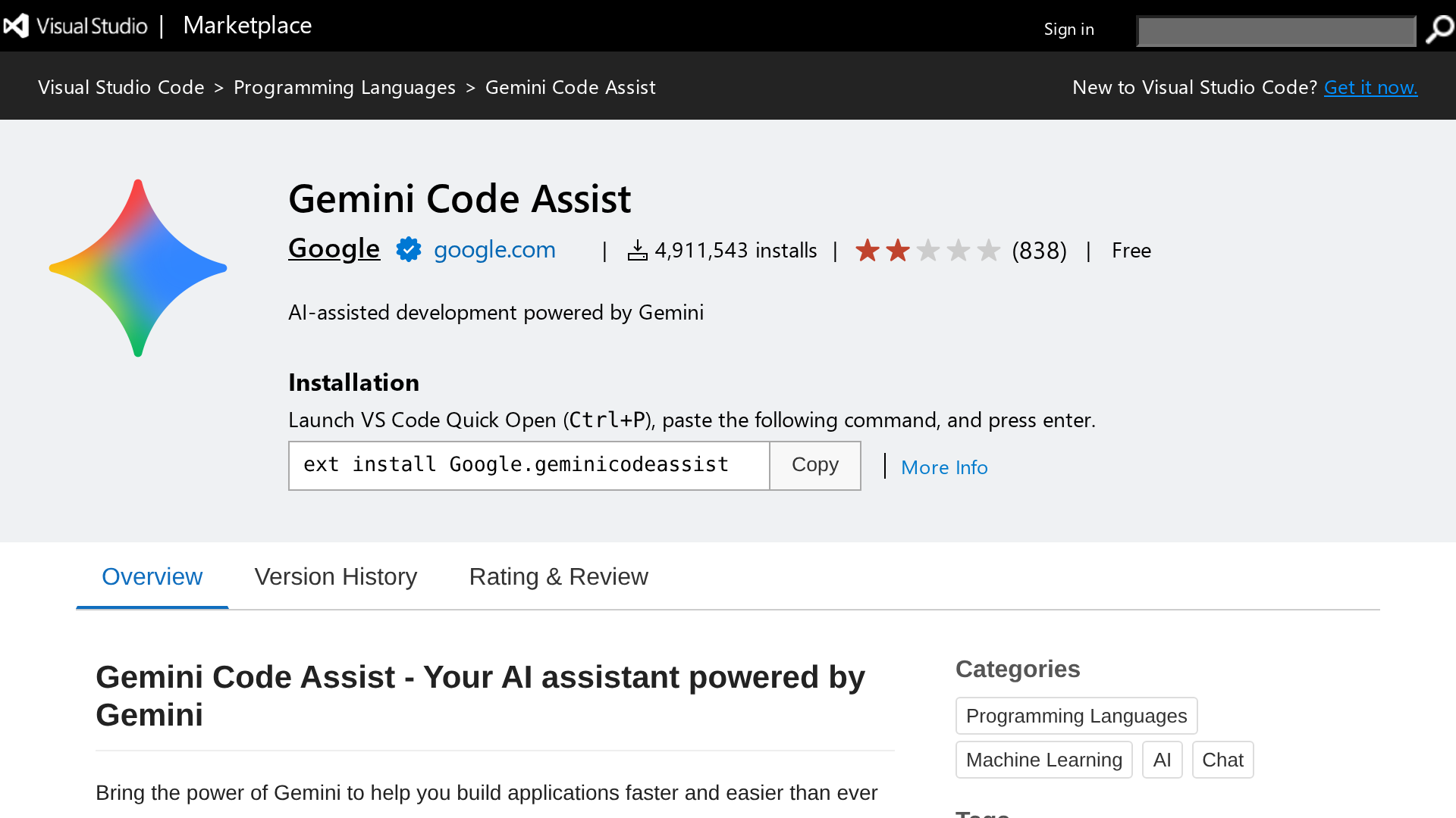 Gemini Code Assist listing in the Visual Studio Marketplace