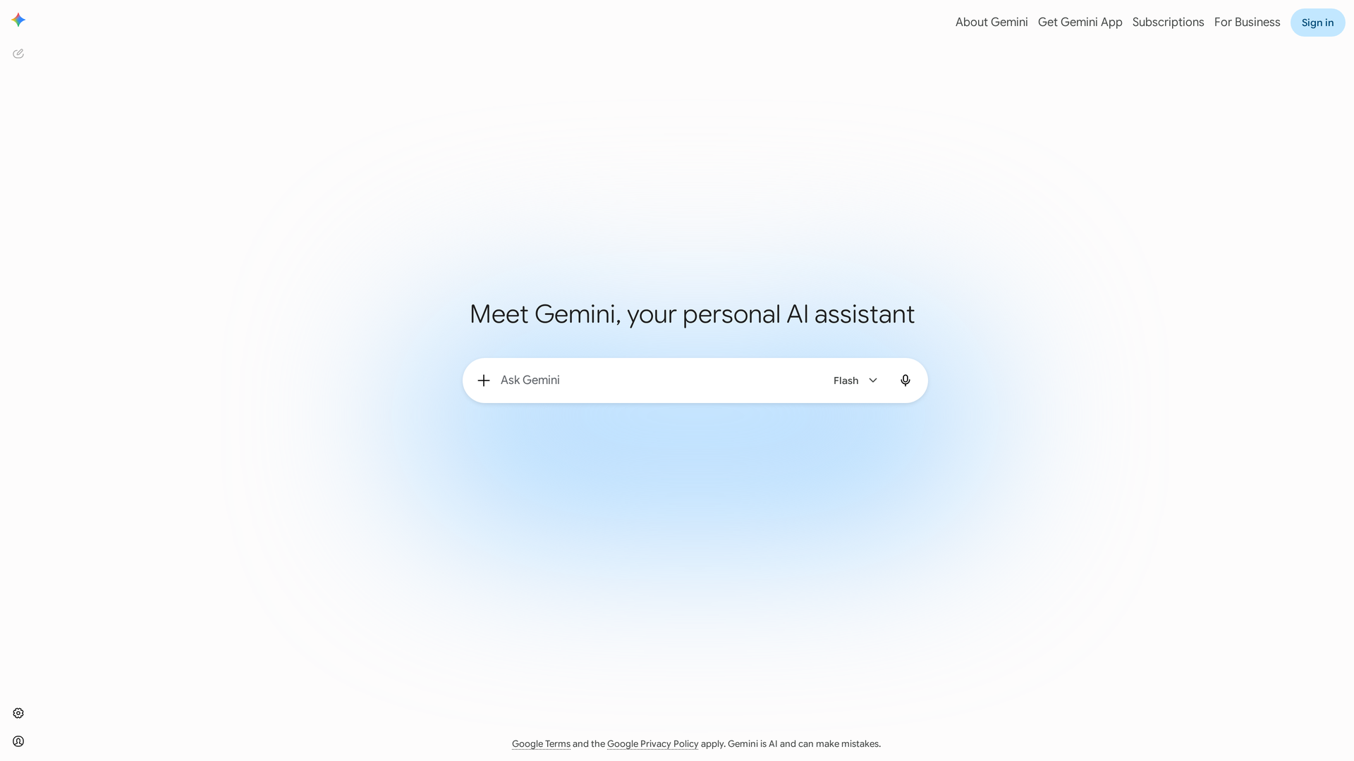 Google Gemini homepage with Ask Gemini prompt, model selector, attachment control, and voice input