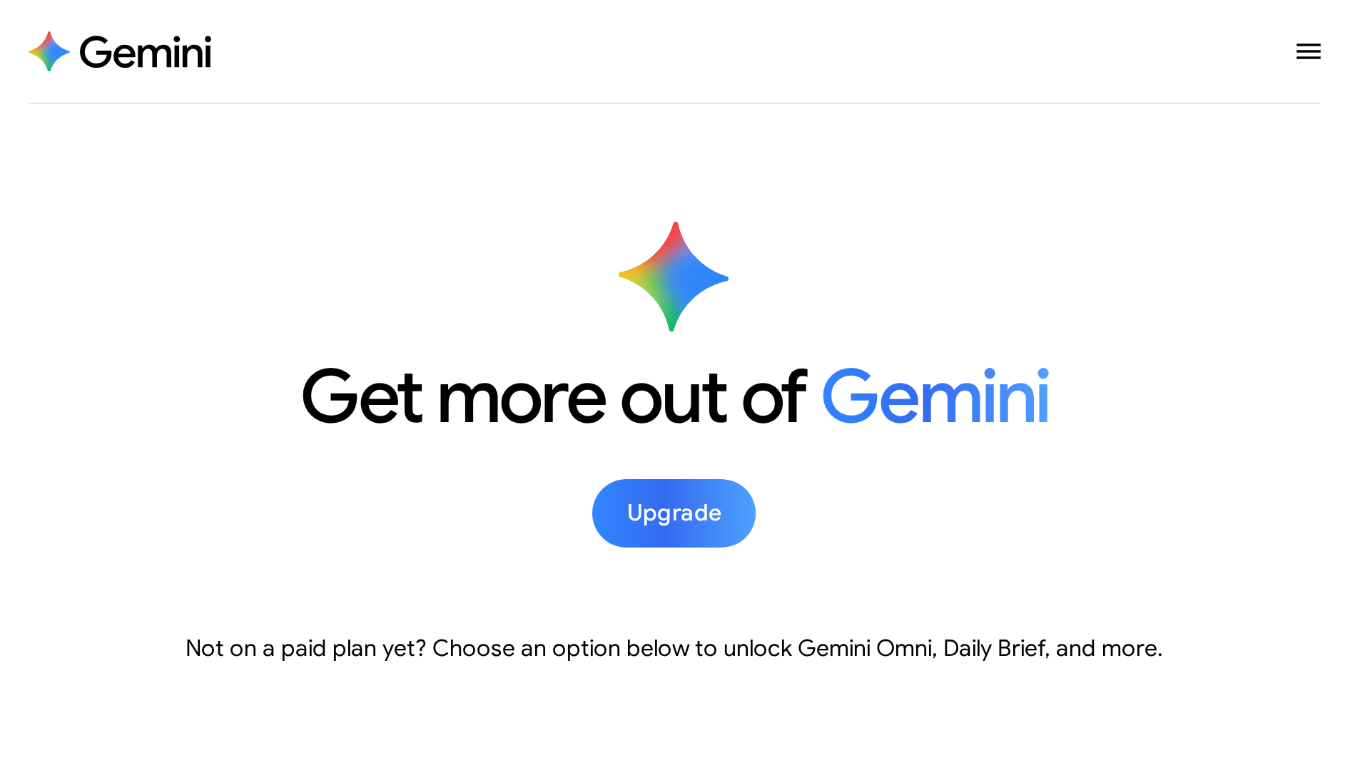 Gemini subscription page with an upgrade prompt