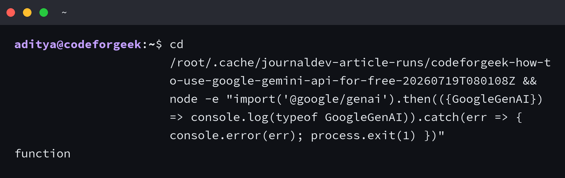 Terminal output confirming the Google GenAI JavaScript SDK imports successfully