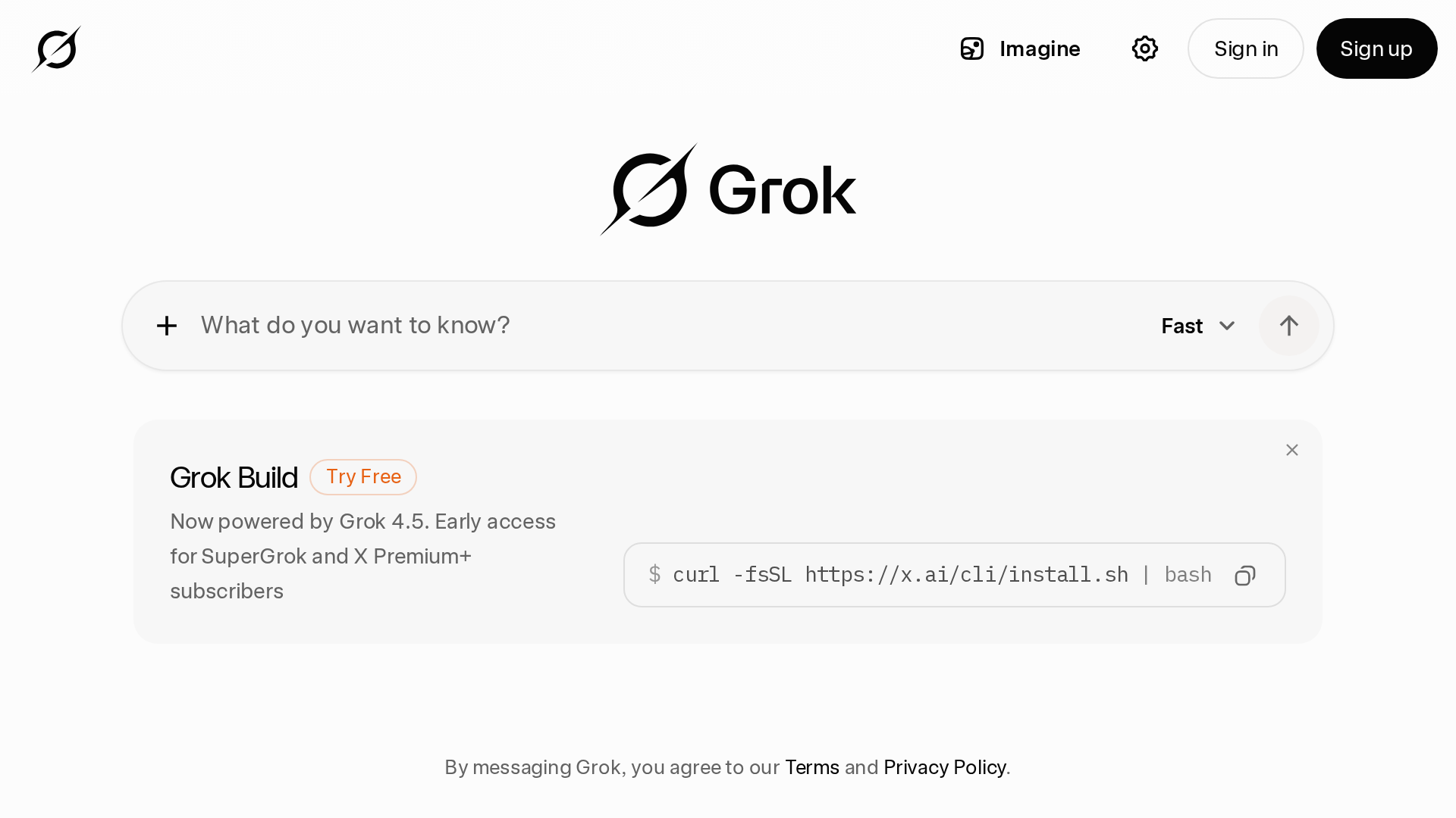 Grok home screen with the prompt box and Grok 4.5 notice