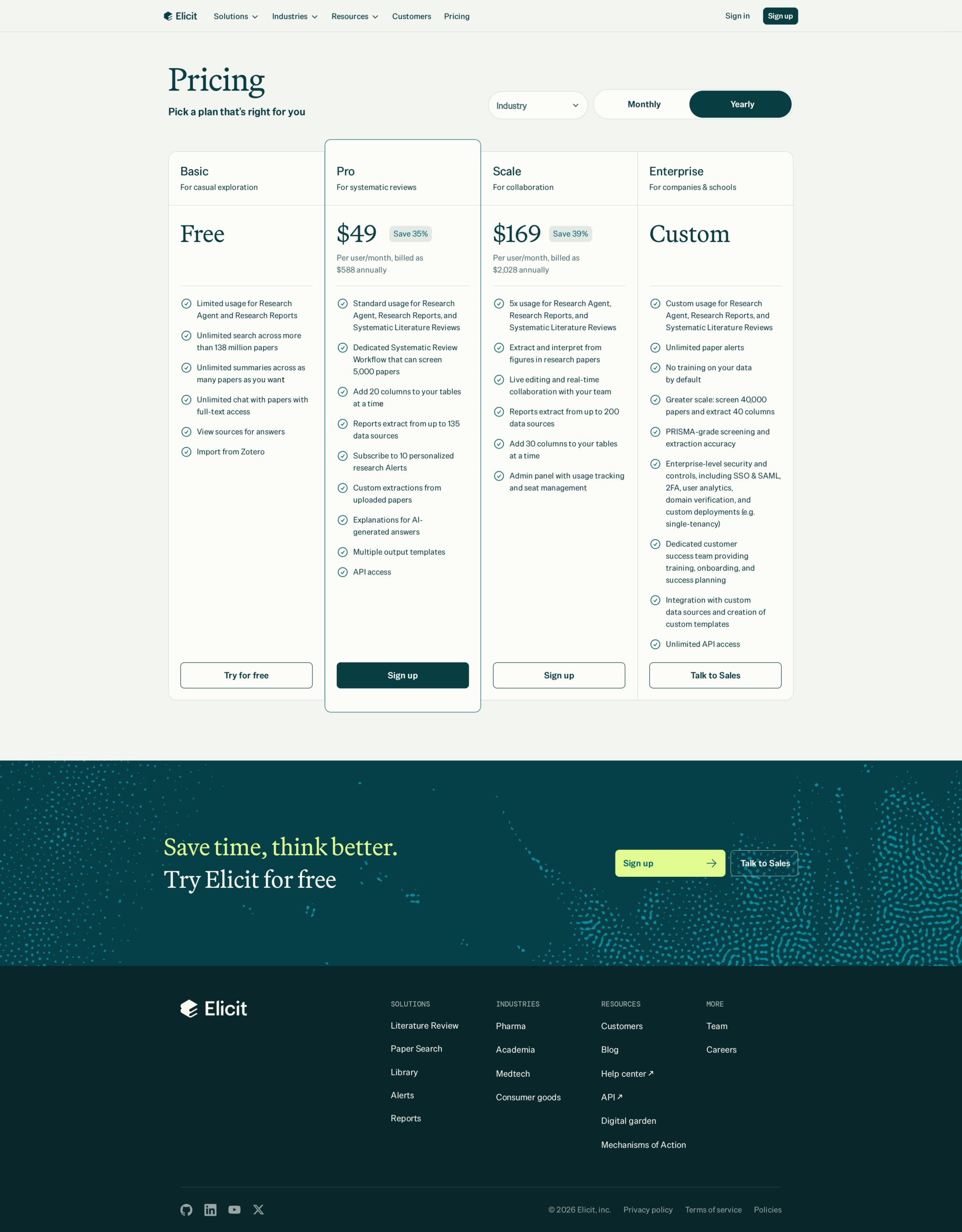 Elicit AI pricing page showing free and paid plan tiers and usage details