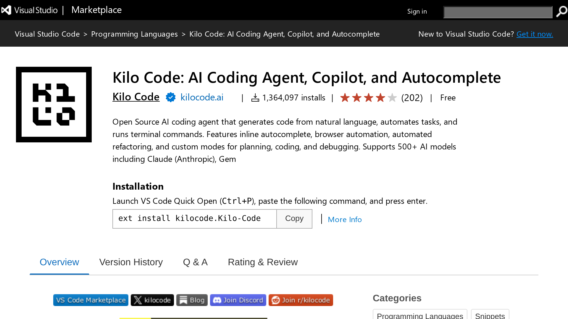Kilo Code listing in the Visual Studio Marketplace