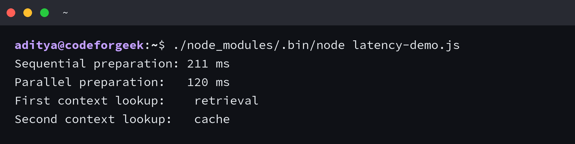 Node.js output comparing sequential and parallel LLM preparation work with a cached lookup