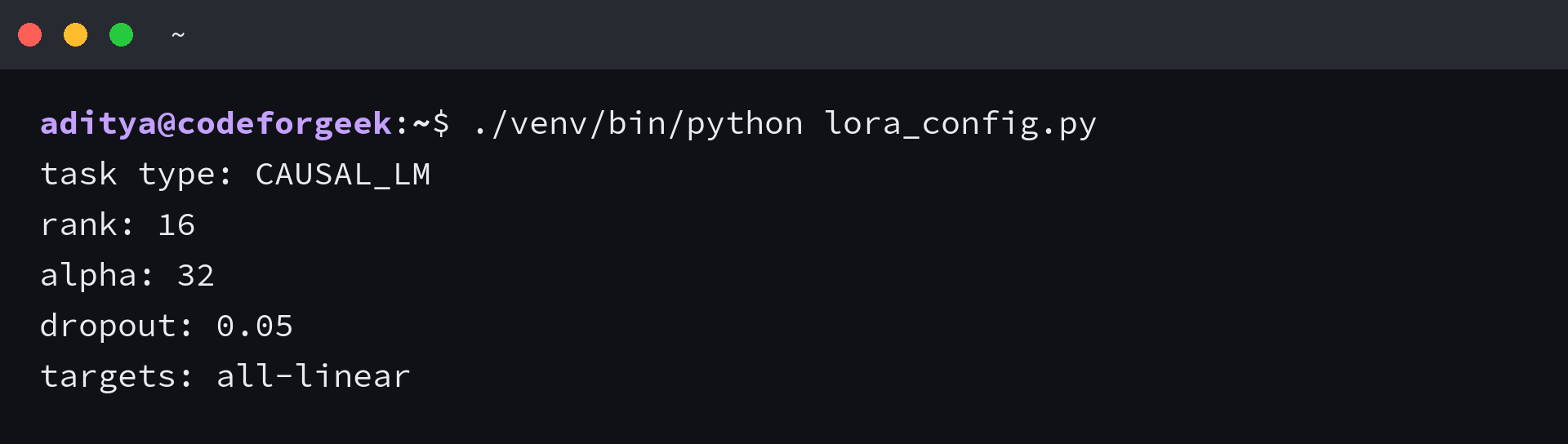 Terminal output from a verified PEFT LoRA configuration